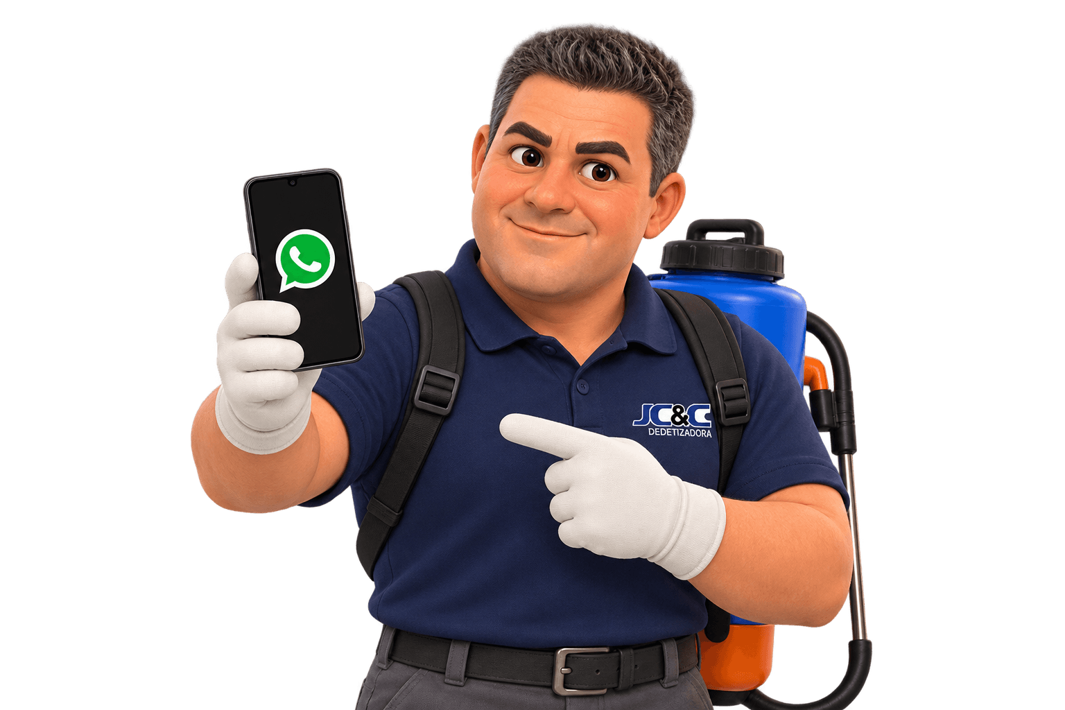 Mascote da JC&C segurando um celular com o WhatsApp aberto e apontando para ele